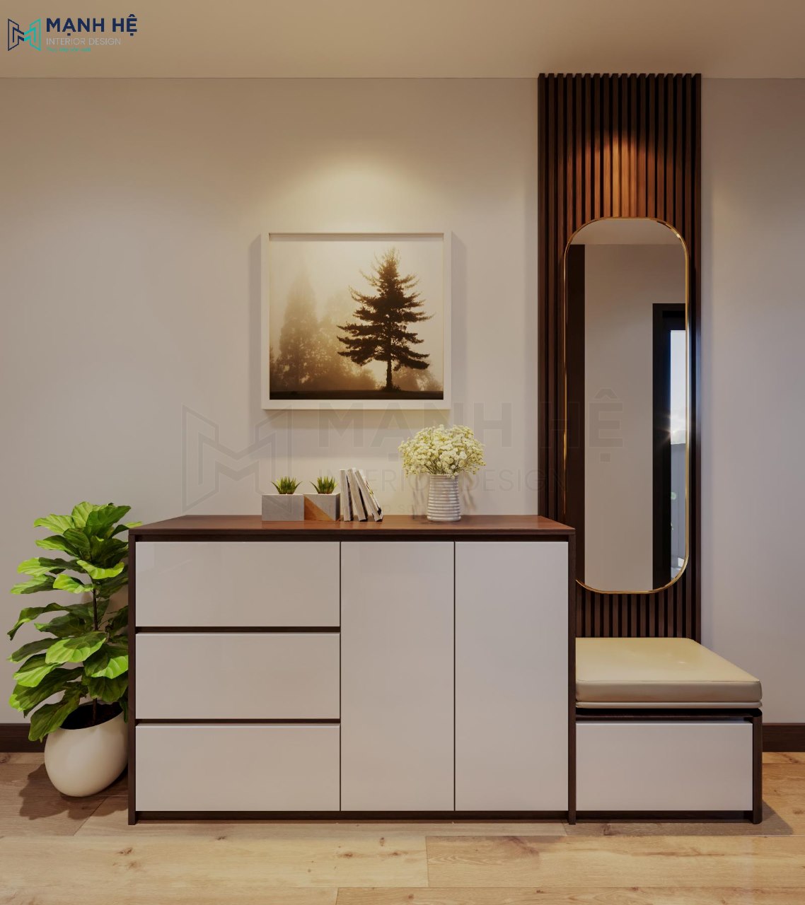Tủ giày có ghế ngồi đặt kế bên kết hợp với kệ trang trí rất tiện nghi