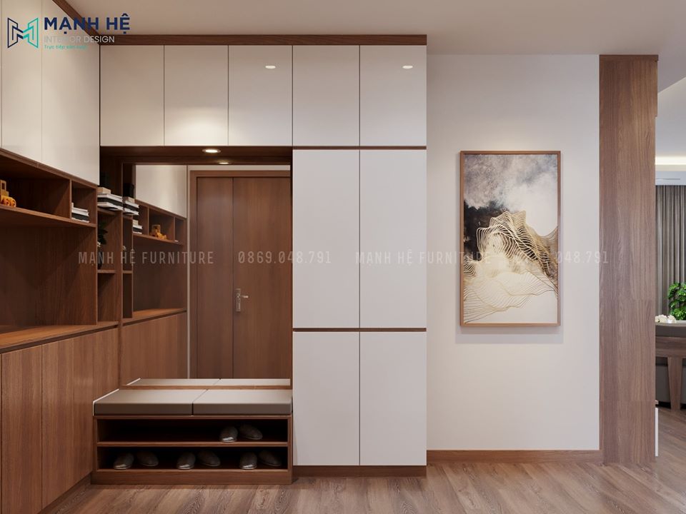 Mẫu 9: Tủ đựng giày dép đụng trần có gương và ghế ngồi thay giày