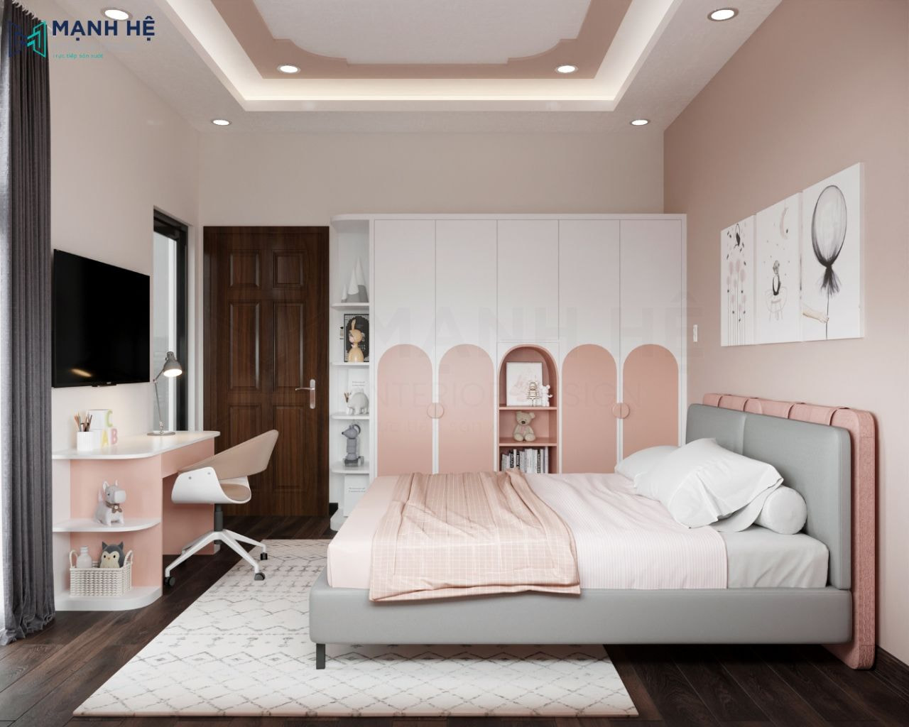 Hệ tủ quần cánh mở 5 cánh tích hợp với kệ trang trí giúp không gian trở nên tiện nghi, sinh động