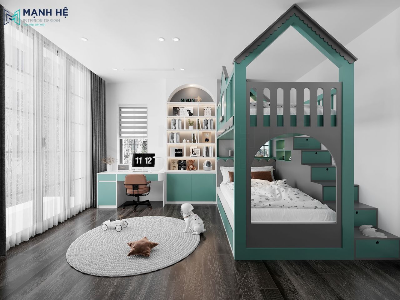 Sử dụng giường ngủ dạng tầng với màu xanh mint đậm
