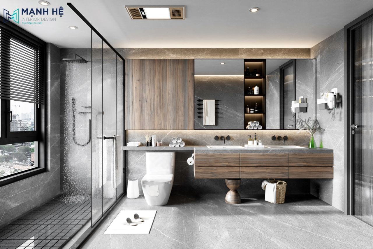 Không gian phòng sinh vinh 01 kết hợp 2 chất liệu chính là kính và gỗ MDF chống ẩm