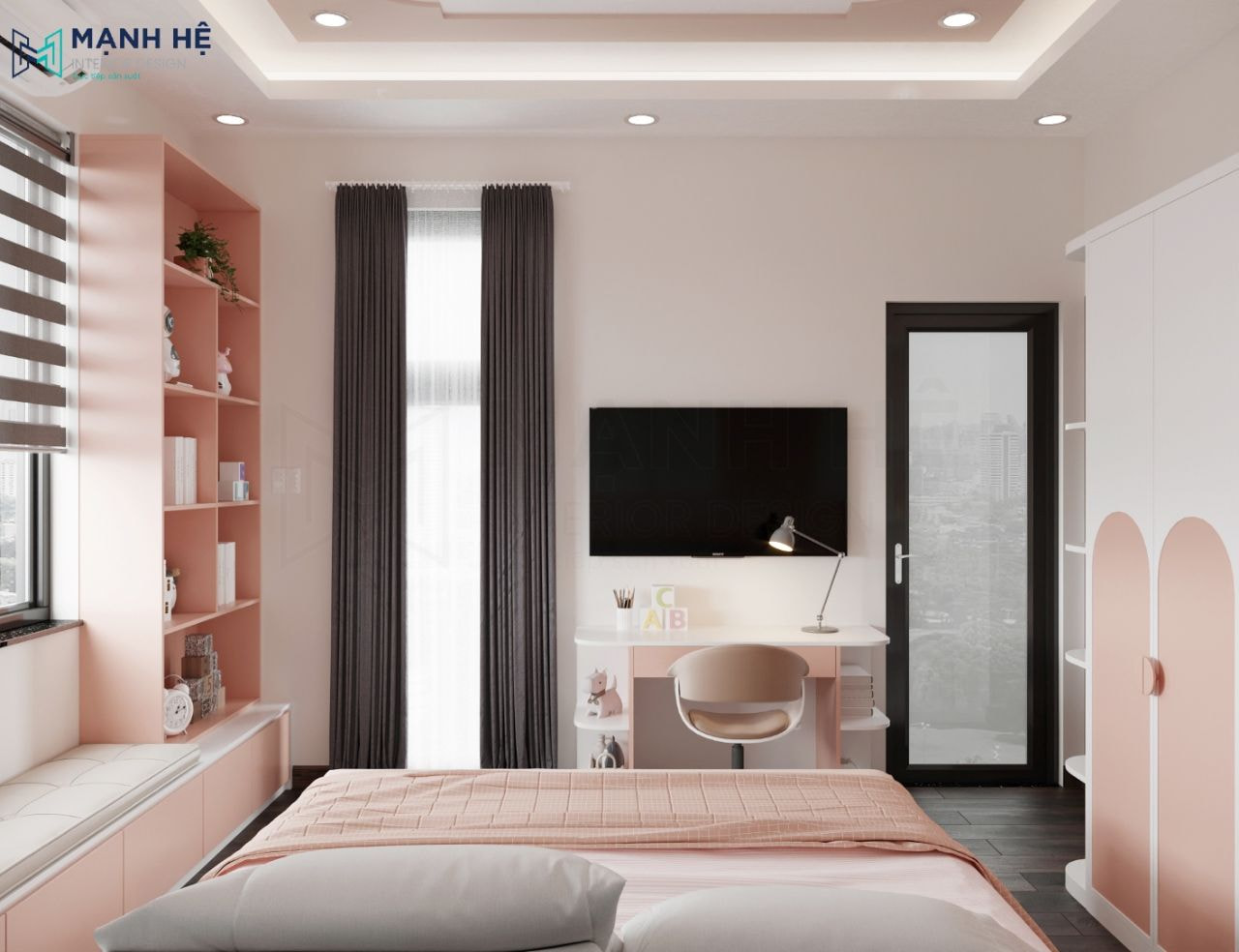 Bàn học đặt dưới tivi treo tường giúp tận dụng tối đa diện tích trong phòng