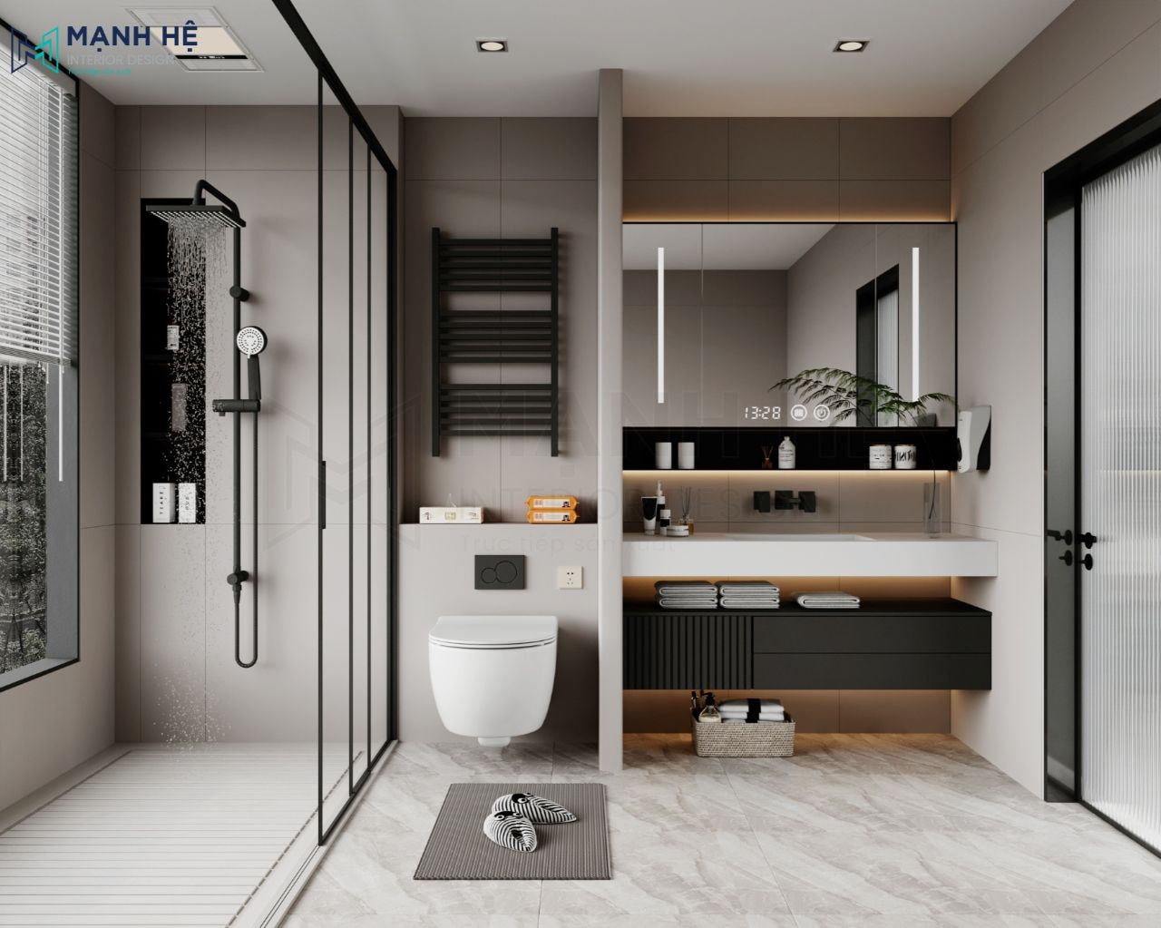 Phòng vệ sinh thứ 02 khá hiện đại hơn khi sử dụng gương soi cảm ứng