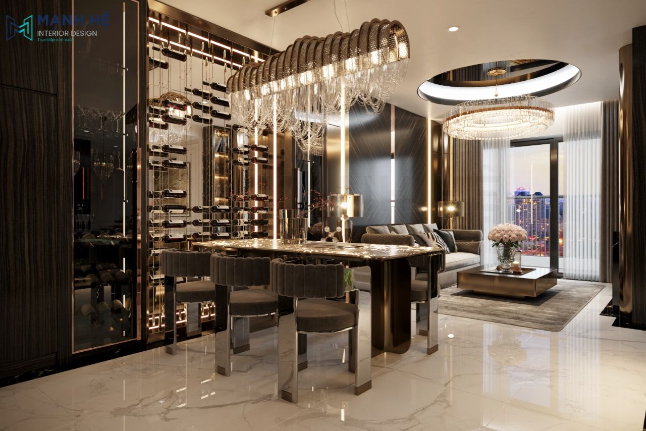 Sửu dụng kính thủy ốp tường, hệ tủ rượu được trưng bày dạng dây rất độc đáo