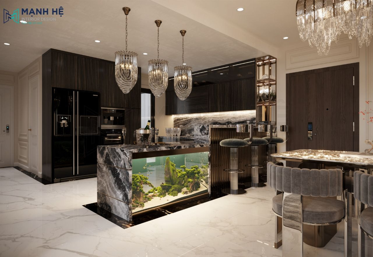 Hệ tủ bếp chữ L màu đen cao cấp với các ngăn hộc tủ sử dụng cánh kính và khung inox vàng