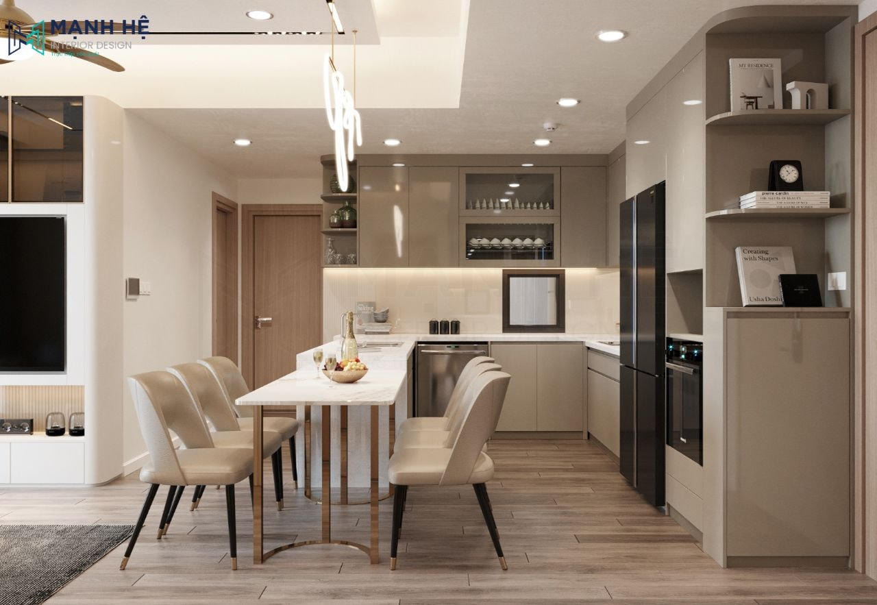 Bộ bàn ăn 6 người với khung chân inox đặt giữa hai không gian