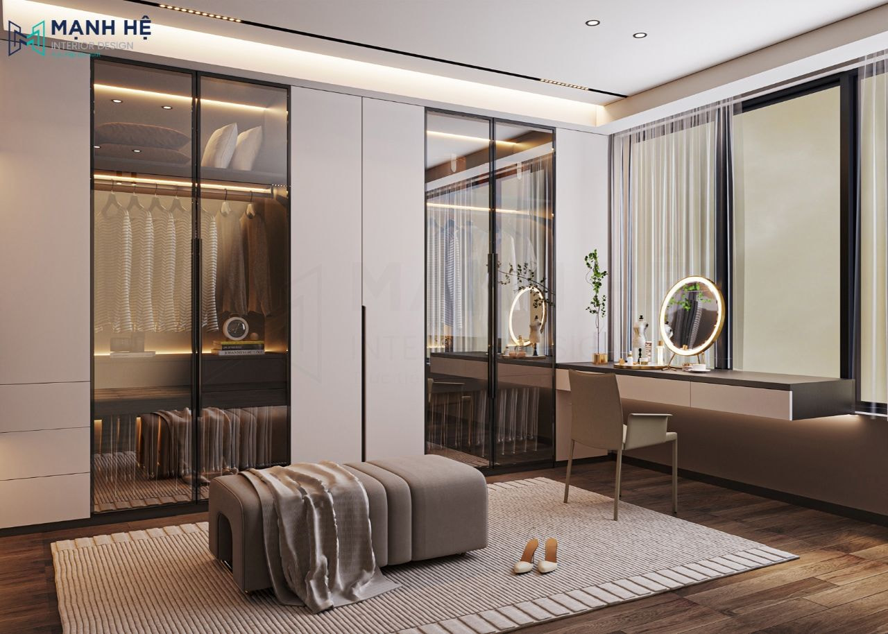 Bàn trang điểm gỗ công nghiệp gắn tường, đèn led cũng được trang bị cho gương soi