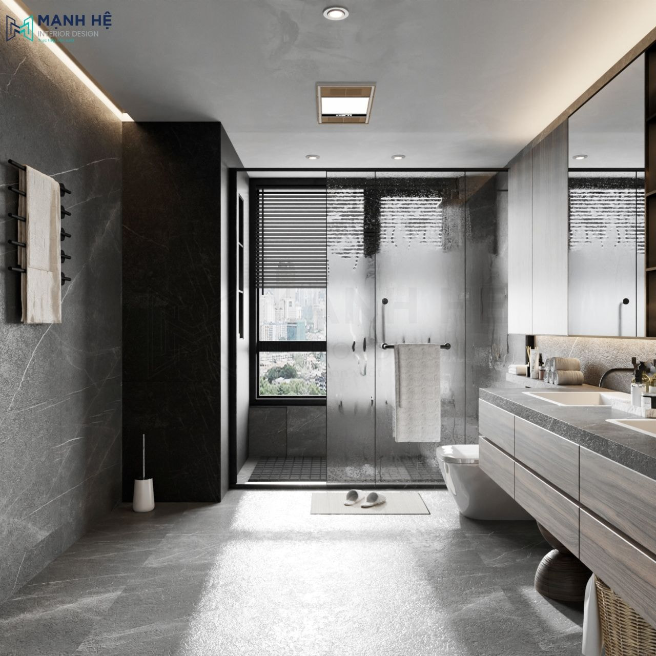 Phòng tắm được ngăn cách với phòng vệ sinh bởi cửa kính