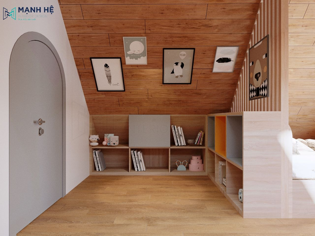 Thêm tủ sách gỗ và tranh vẽ treo tường decor cho bé