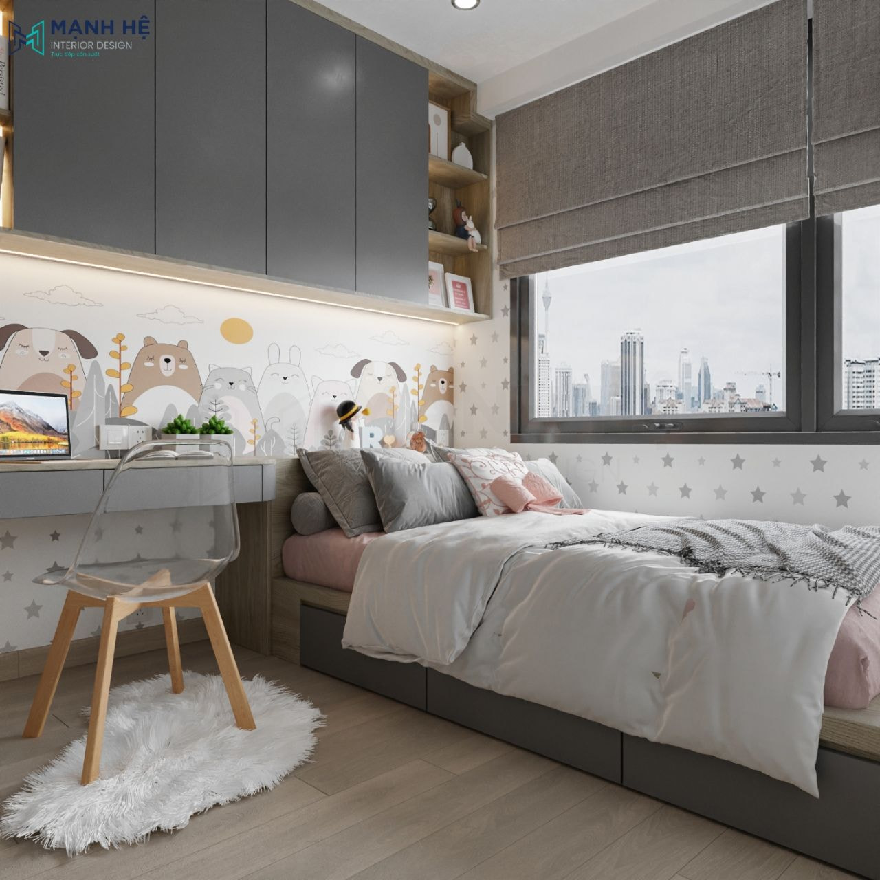 Vách tường đầu giường decor hình các nhân vật hoạt hình mà bé yêu thích