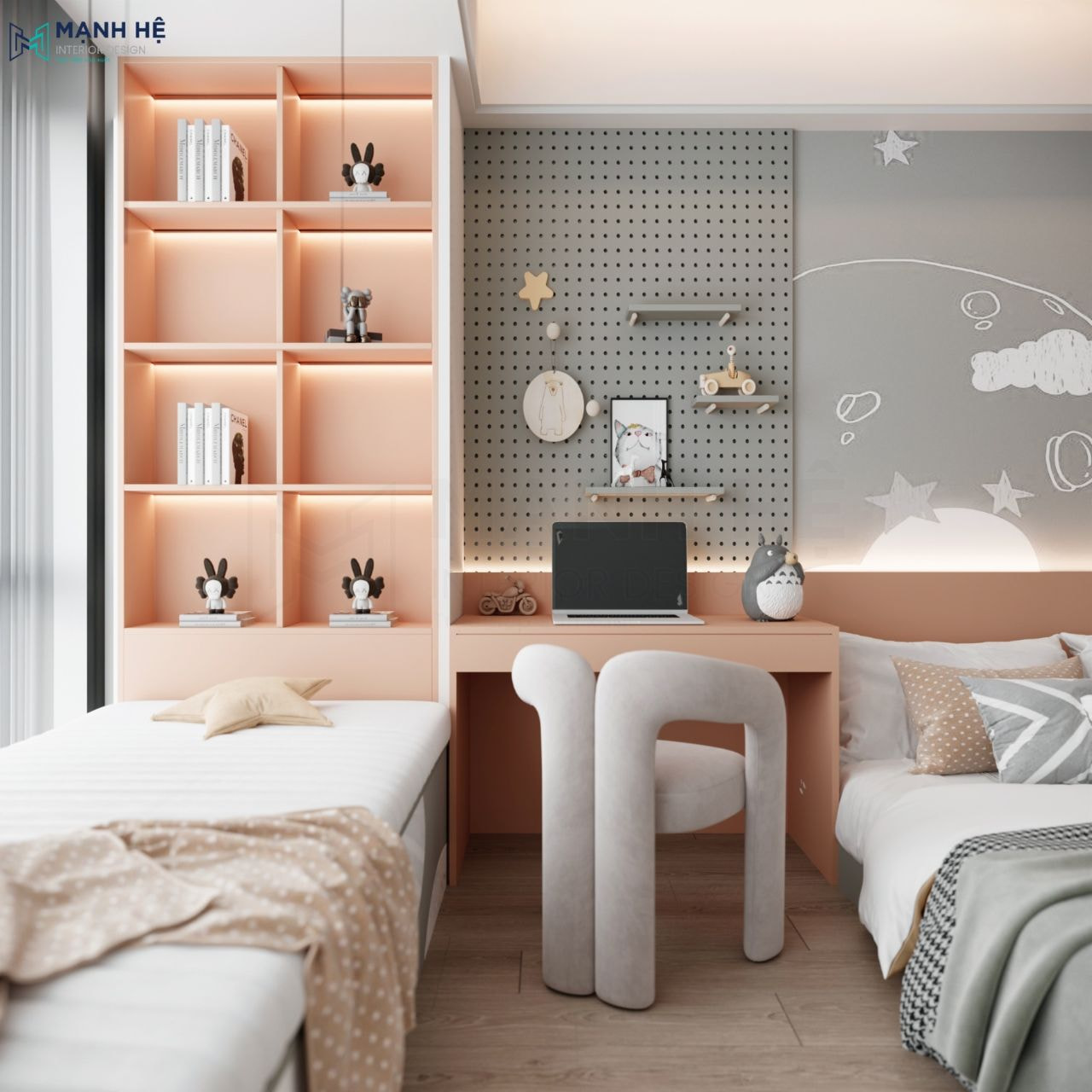 Tủ sách cao đụng trần được nối liền với bàn học để đặt cạnh cửa sổ cùng ghế đôn