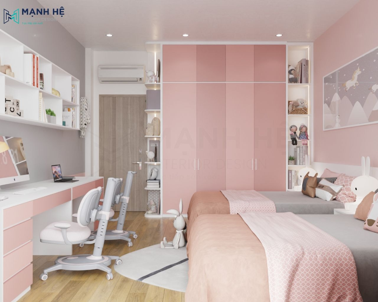 Hệ tủ quần áo cao đụng trần xen kẽ 2 gam màu hồng pastel đậm và nhạt tinh tế