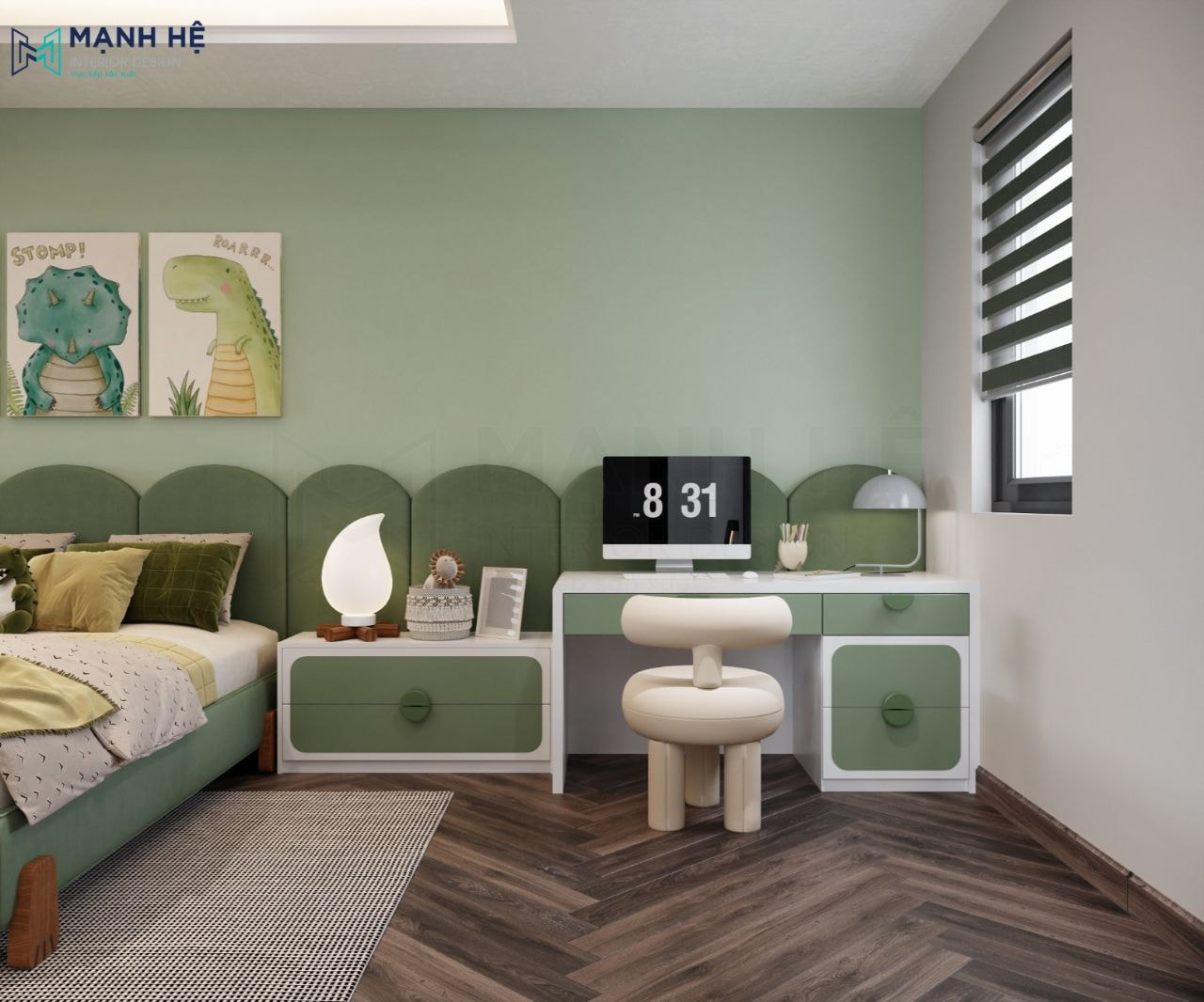 Bàn học được đồng bộ đường nét thiết kế với tab đầu giường