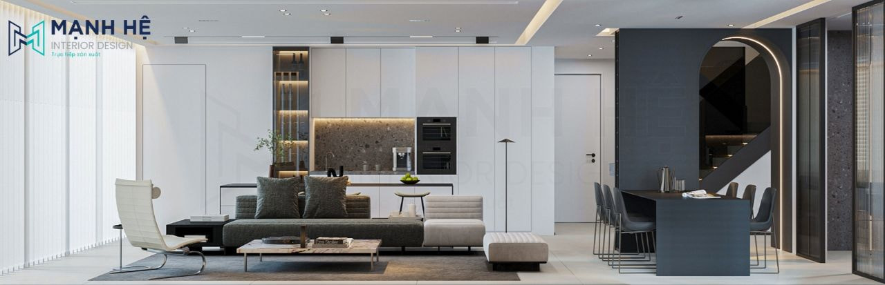 Tổng quan phòng khách liền bếp căn hộ 141m2 tại dự án The Krista