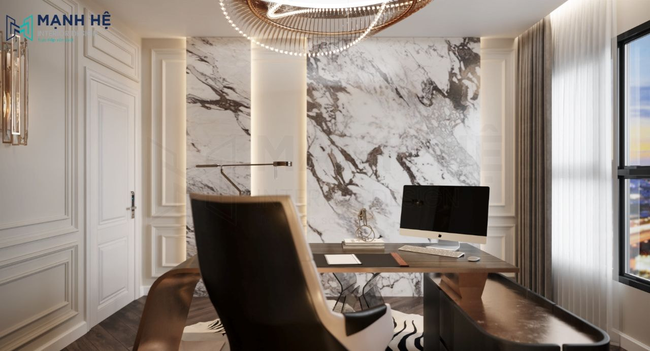 Cách điều bức tường căn phòng đồng thời sử dụng thêm vách ốp đá marble gắn led đằng sau