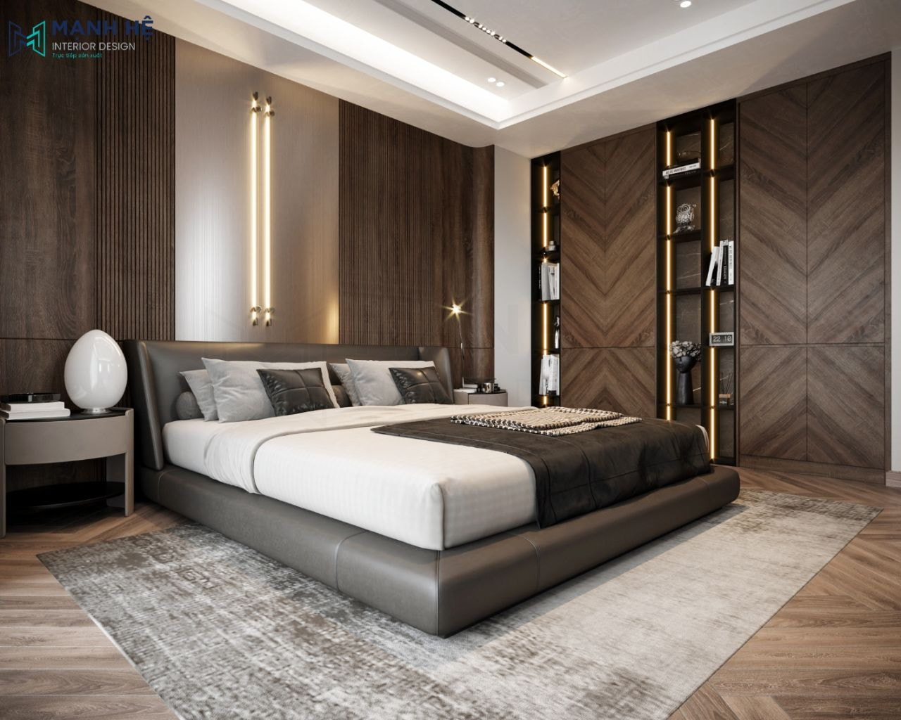 Thiết kế nội thất phòng ngủ master chất liệu gỗ công nghiệp cao cấp