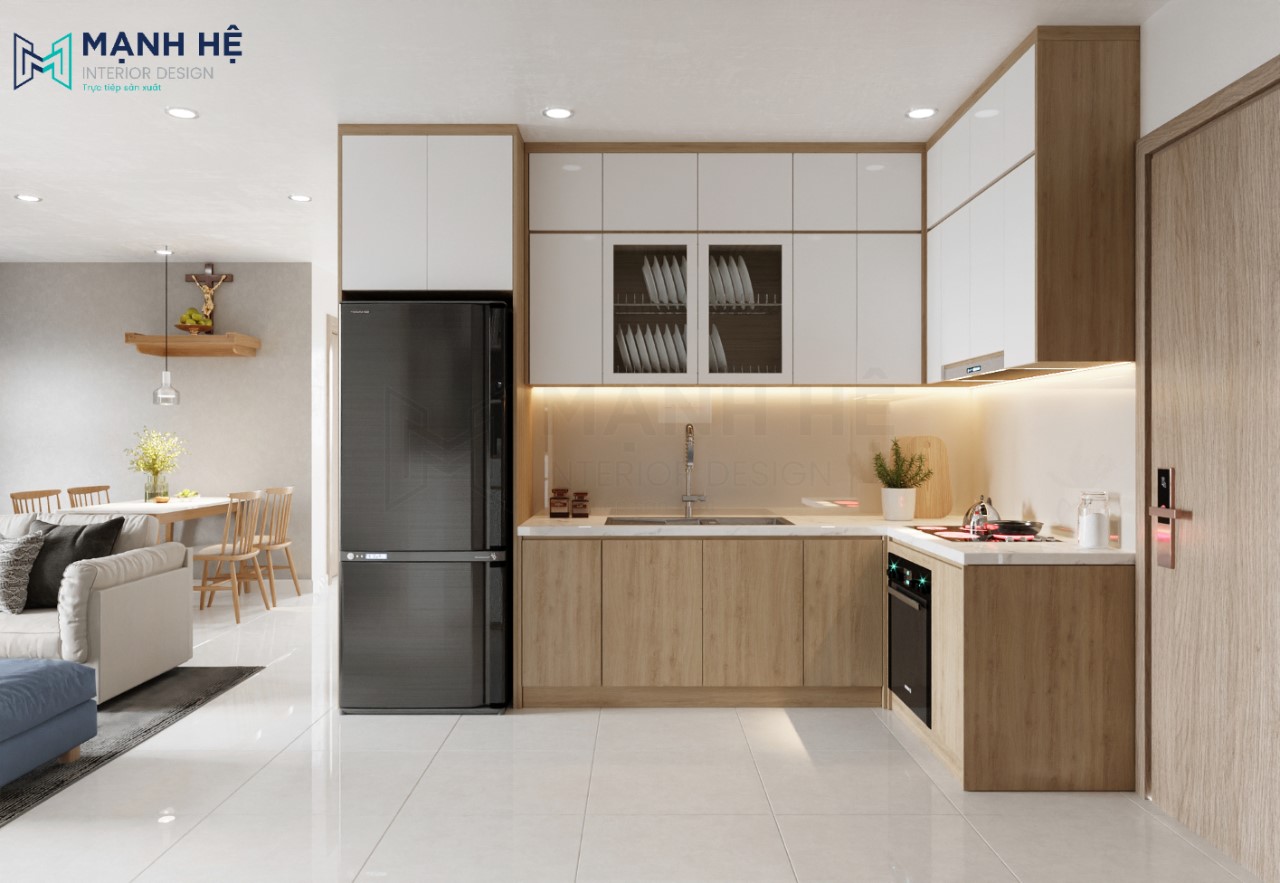Hệ tủ bếp gỗ công nghiệp đẹp với kiểu dáng chữ L giúp tối ưu không gian