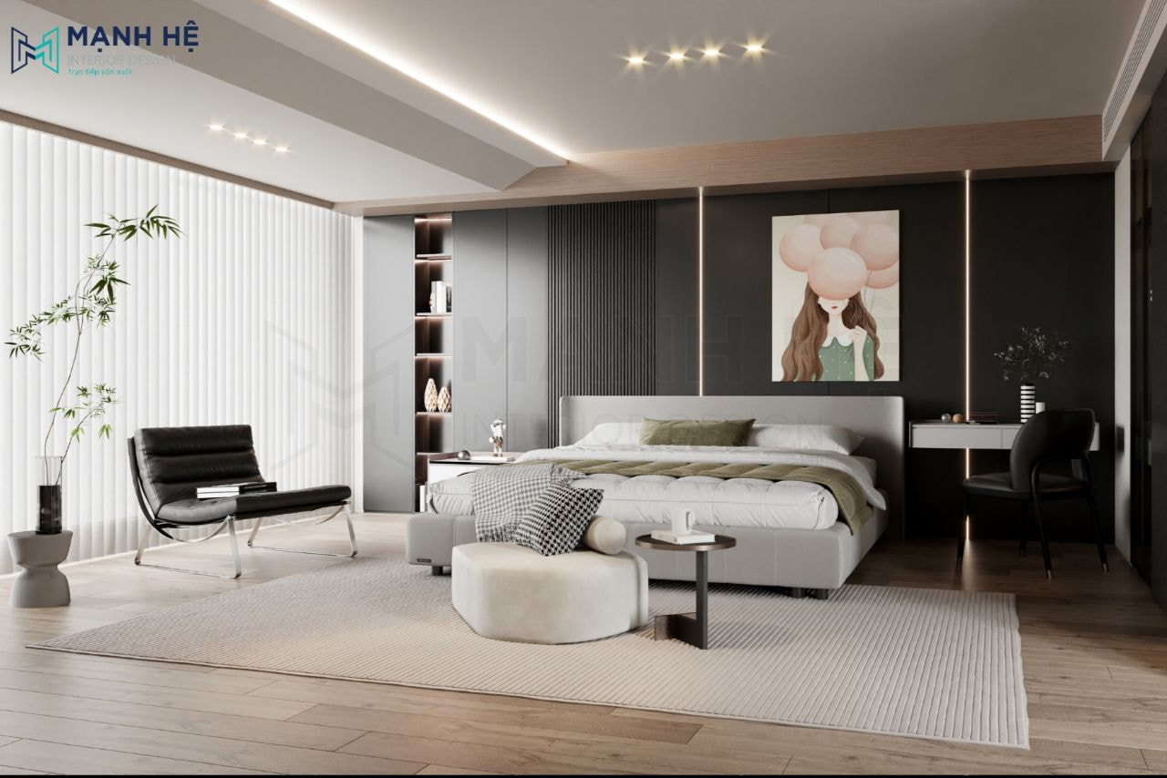 Thiết kế tủ trang trí âm tường ở đầu giường, thêm ghế đọc sách hiện đại