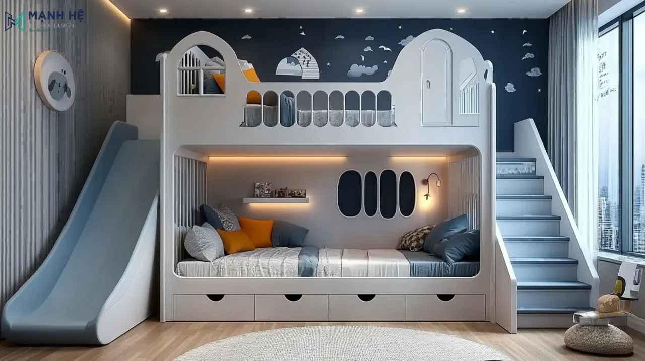 Sự kết hợp giữa gam màu xanh và trắng cho giường tầng 2 bé với giấy gián tường bầu trời độc đáo