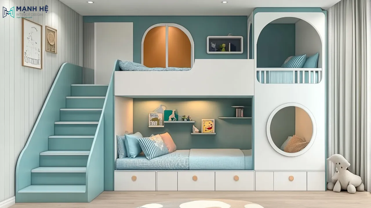 Mẫu giường tầng cho bé với gam màu xanh được tạo hình độc đáo tích hợp các ngăn kéo