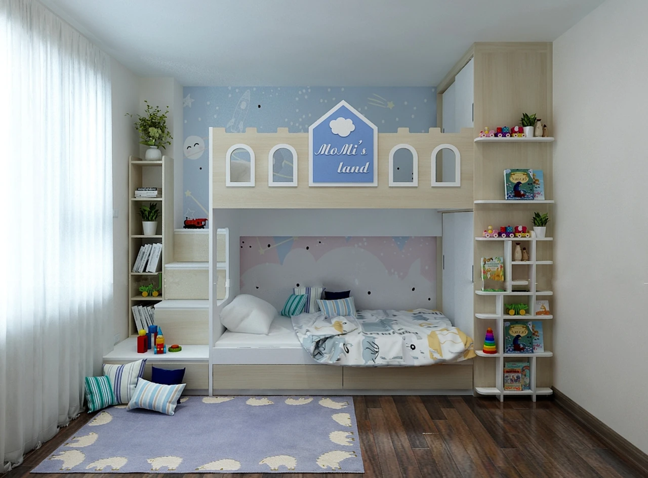 Bố trí tủ quần áo liền mạch với giường 2 tầng với hình ngôi nhà độc đáo