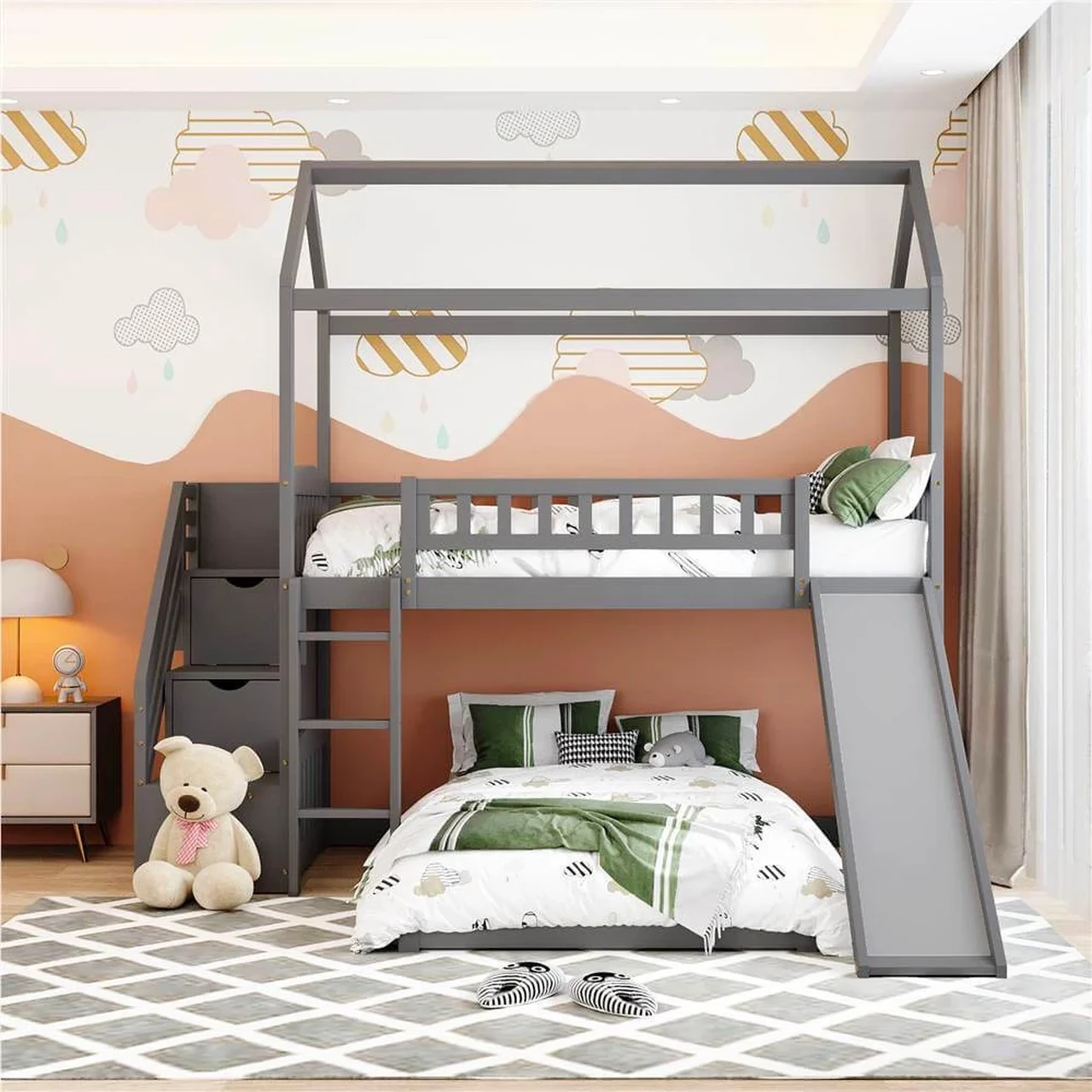 Mẫu giường tầng hình ngôi nhà làm bằng sắt với tầng dưới là giường đôi