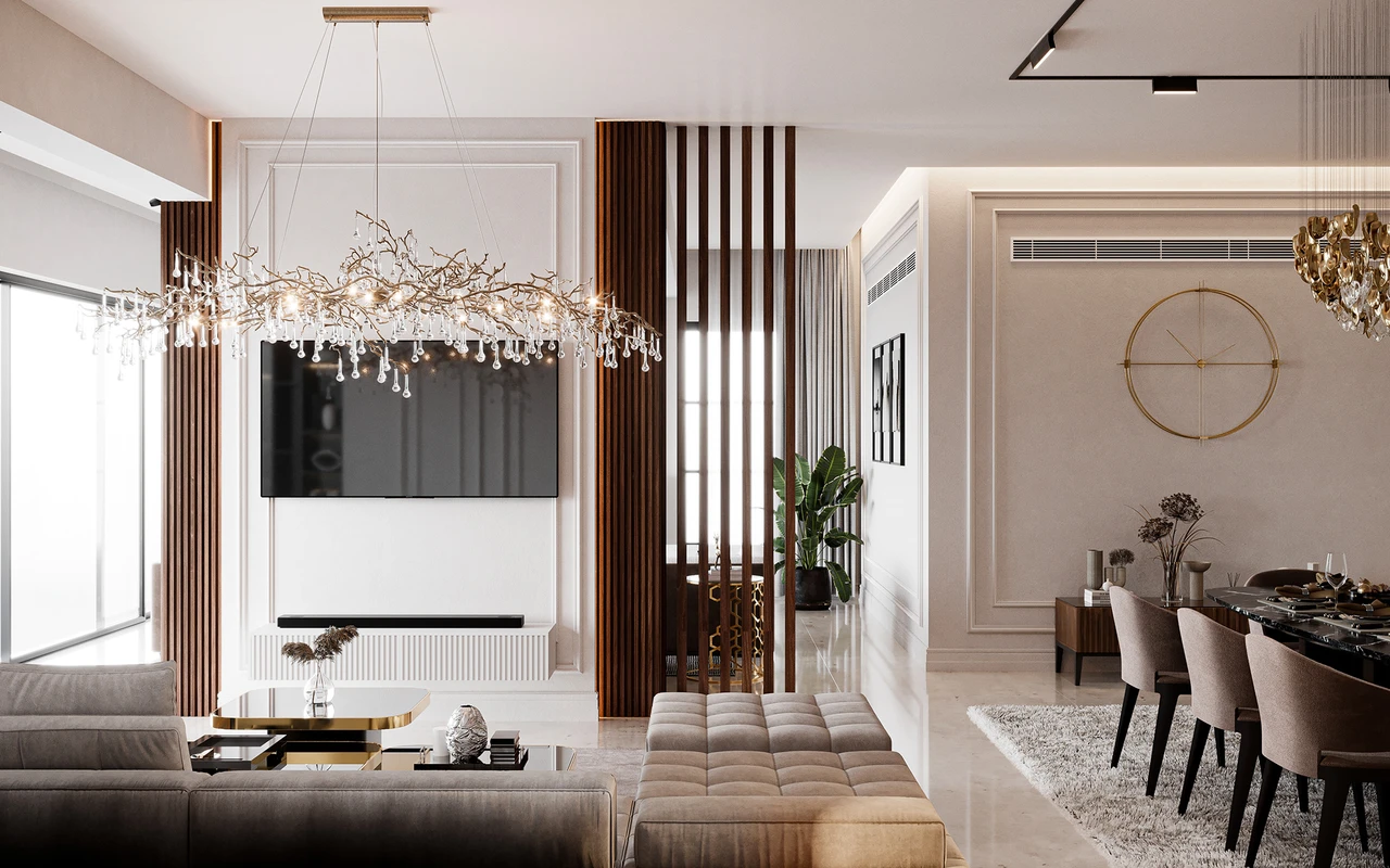 Thiết kế kệ tivi kết hợp vách ngăn giúp phân chia không gian mà vẫn đảm bảo sự thông thoáng