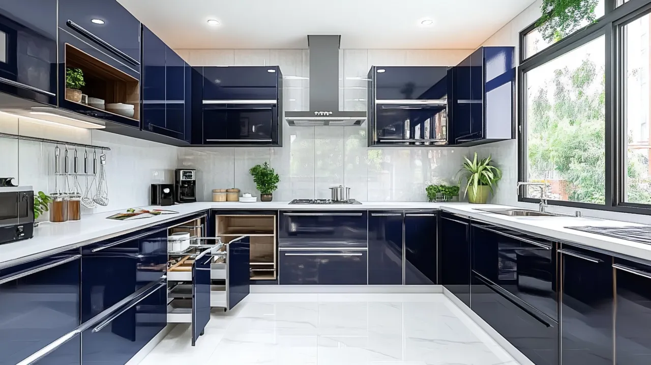 Tủ bếp chữ U sử dụng màu xanh với bề mặt bóng 