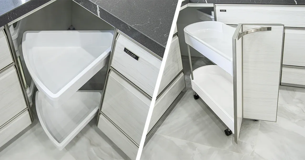 Khoan tủ góc bếp màu trắng làm bằng nhựa với 2 ngăn