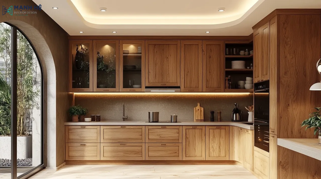 Phòng bếp gỗ óc chó kết hợp với tủ cánh kính được bố trí bên cạnh cửa ra vào