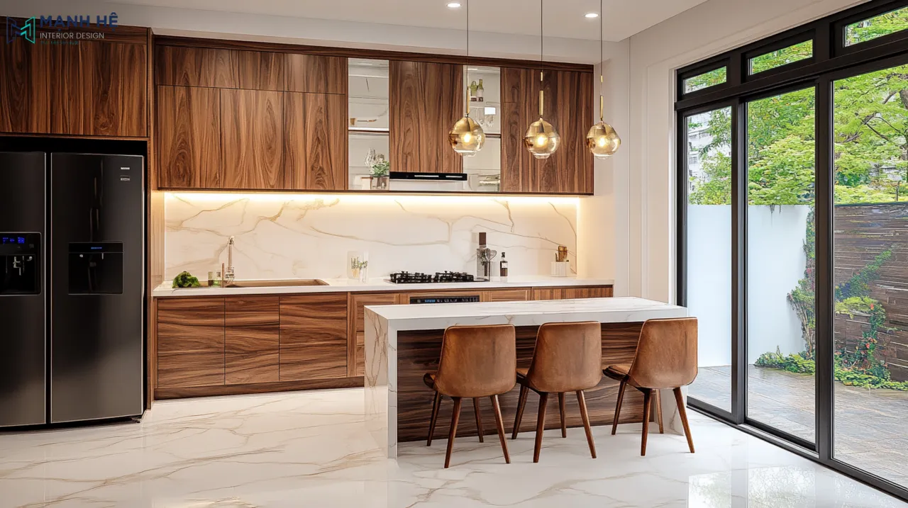Tủ bếp óc chó hiện đại nổi bật với quầy bar tiện nghi nổi bật với đèn thả trần hình tròn