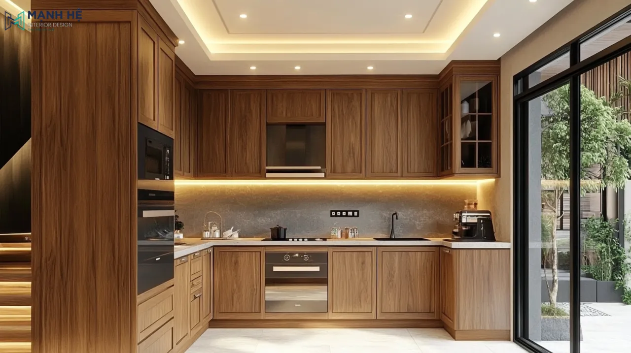 Thiết kế hệ tủ bếp chữ U gỗ óc chó bền bỉ tích hợp chỗ để tủ lạnh và chén bát thông minh