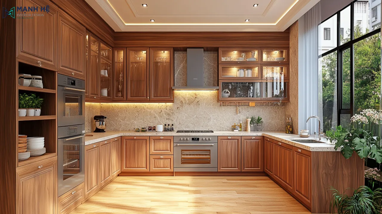 Mẫu tủ bếp gỗ óc chó với thiết kế chữ U và tràn ngập ánh sáng tự nhiên và ánh sáng từ đèn led