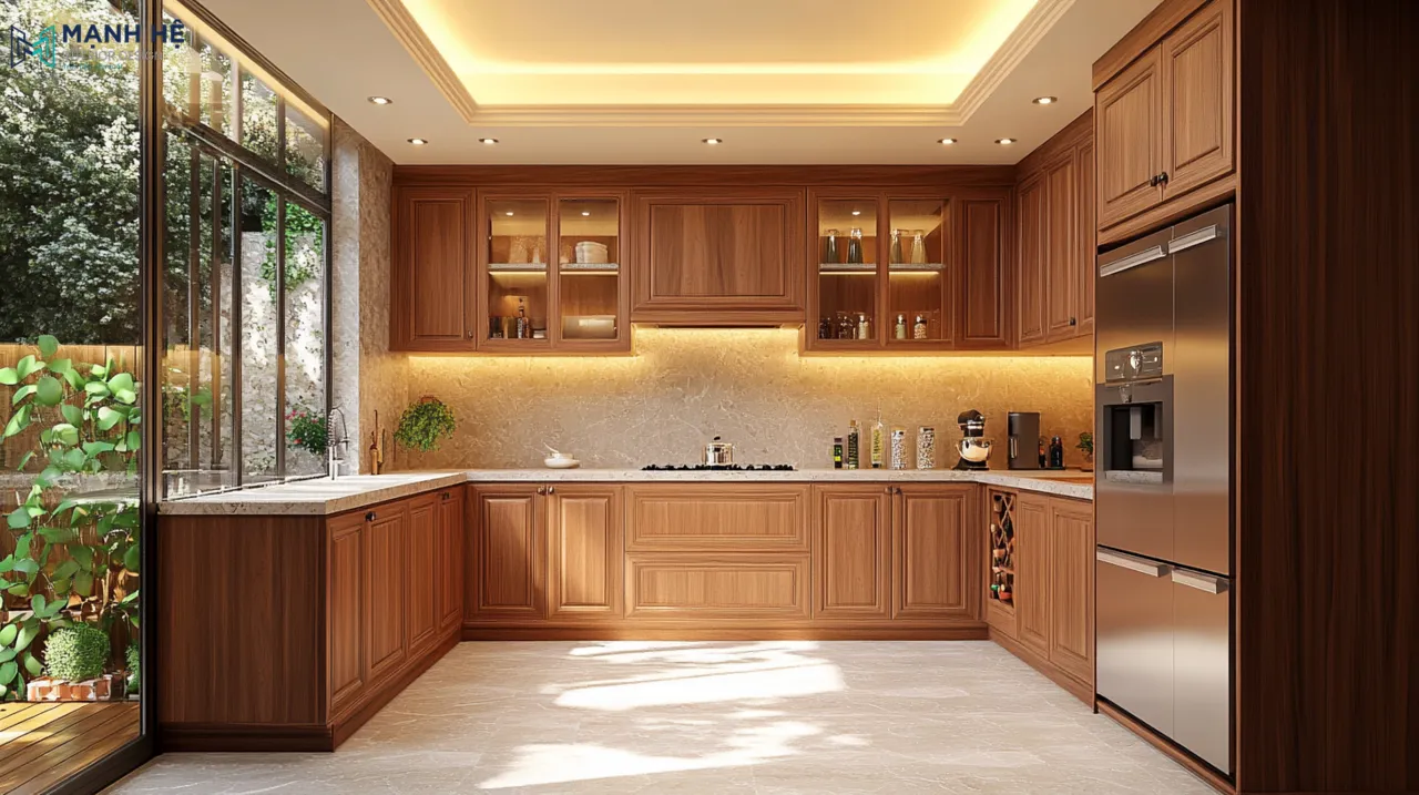 Sự kết hợp giữa bếp gỗ óc chó và hệ đèn led âm tủ trong căn bếp chữ U kết hợp sự tươi mát bởi khu vườn xanh bên ngoài