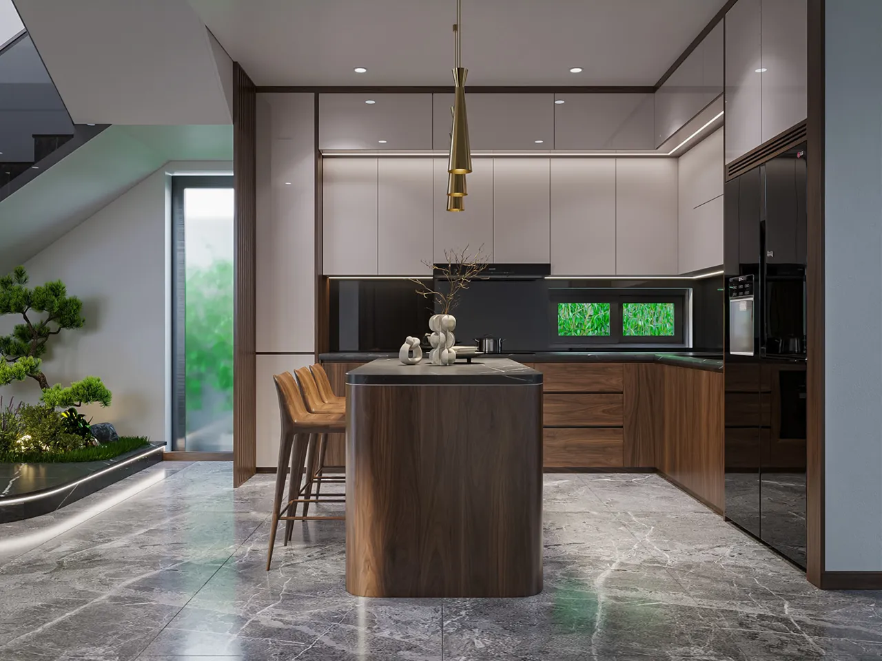 Phòng bếp gỗ óc chó tự nhiên kết hợp với quầy bar sang trọng và điểm nhấn cây xanh