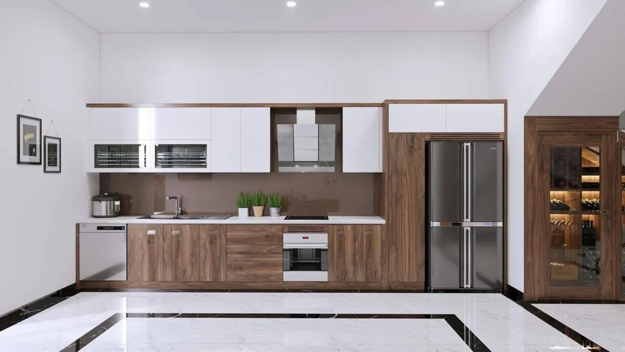 Mẫu tủ bếp gỗ óc chó với thiết kế chữ I gọn gàng tích hợp với tủ cánh kính và khu vực để tủ lạnh