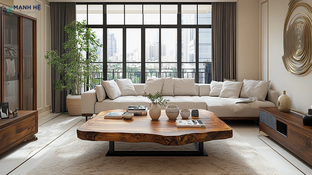 Không gian phòng khách với bàn trà gỗ nguyên khối được bố trí ở trung tâm kết hợp với sofa trắng