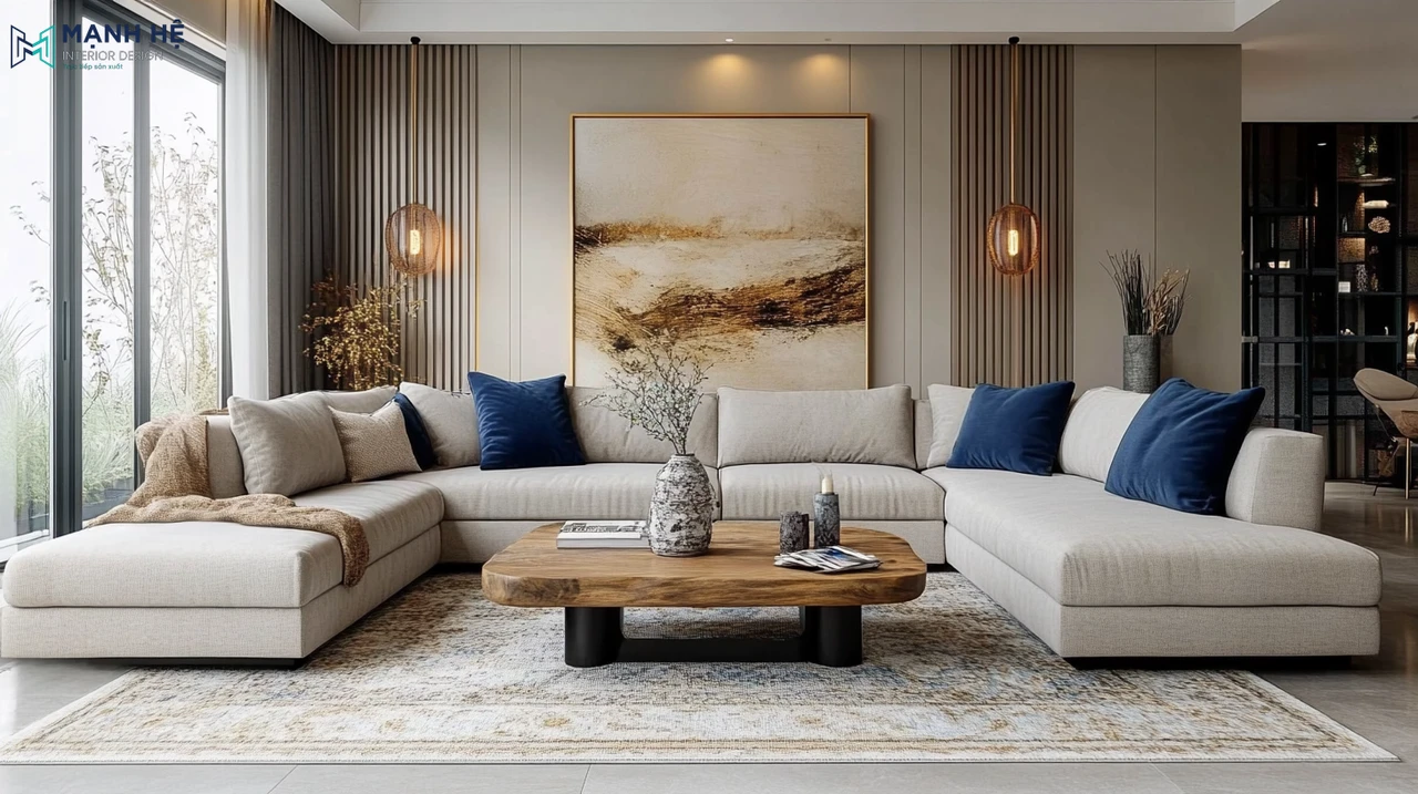 Bàn trà gỗ nguyên khối kết hợp với bộ sofa kem làm nổi bật phòng khách