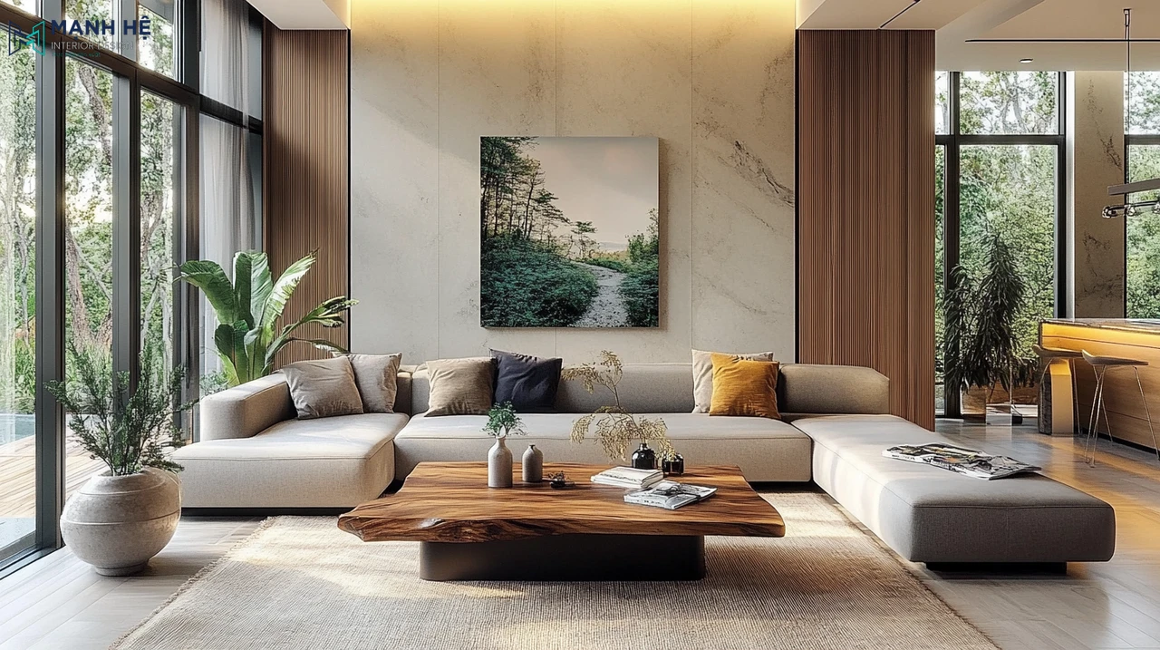 Thiết kế bàn trà gỗ tự nhiên với kích thước phù hợp với sofa phòng khách nổi bật với tranh treo tường thiên nhiên
