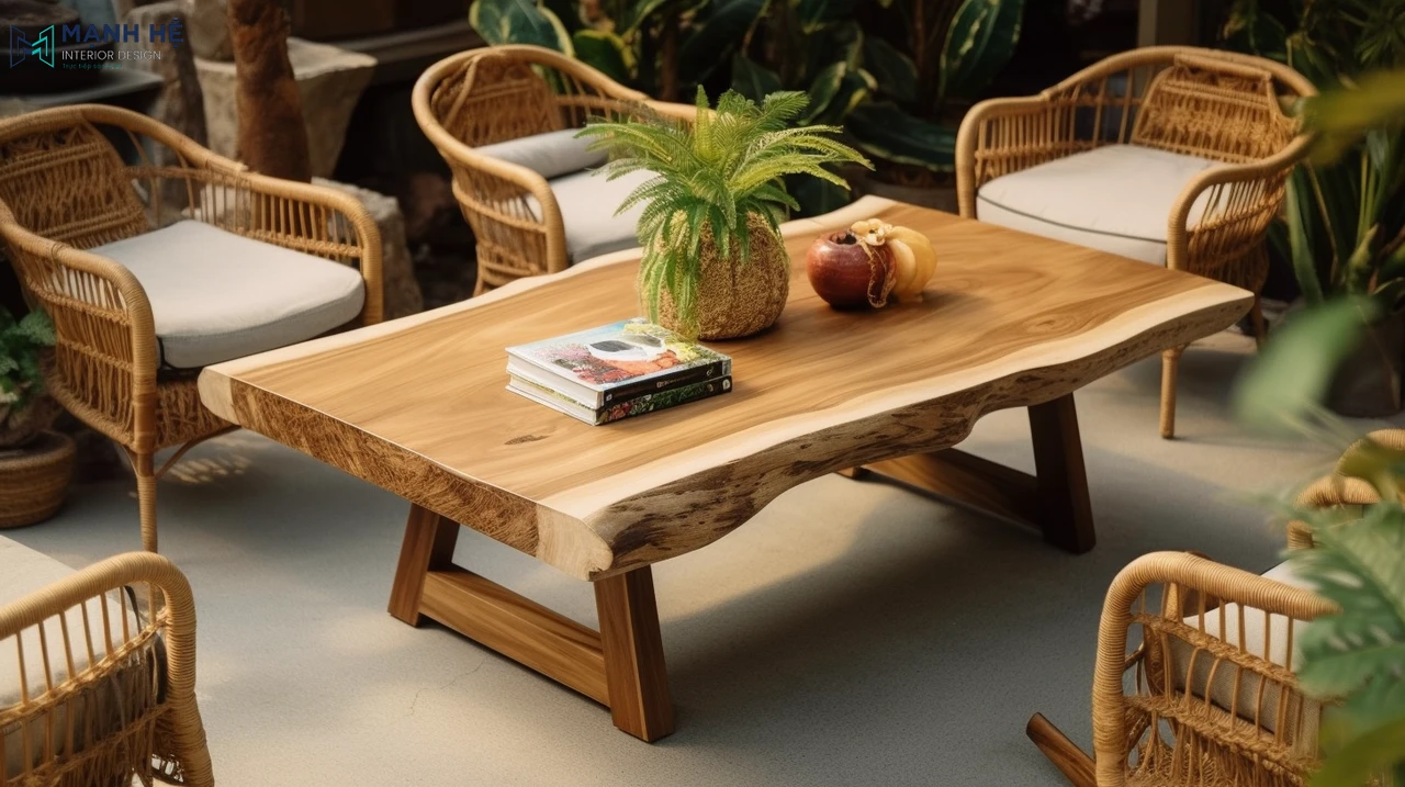 Bàn trà gỗ nguyên khối với 5 ghế ngồi được bố trí ngoài sân vườn