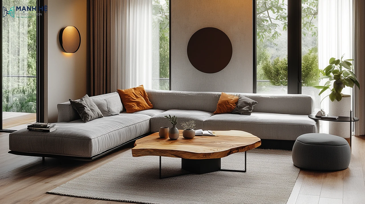 Mẫu bàn sofa với mặt bàn bằng gỗ nguyên khối kết hợp chân kim loại nổi bật với các chậu cây nhỏ xinh