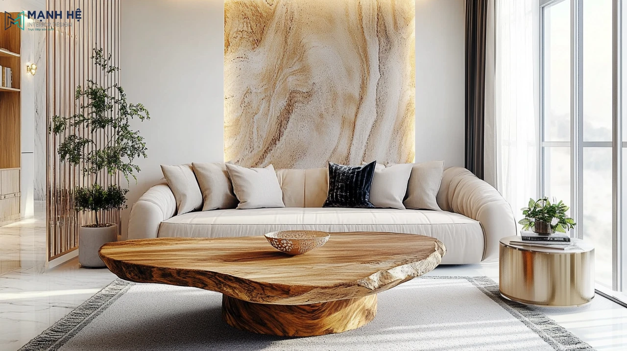 Bàn trà gỗ nguyên khối kết hợp với sofa nằm ở trung tâm phòng khách