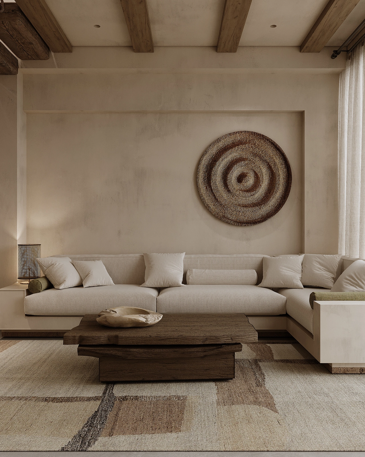 Thiết kế mẫu bàn trà gỗ tự nhiên hình chữ nhật kết hợp sofa chữ L màu trắng đơn điệu trên nền màu be