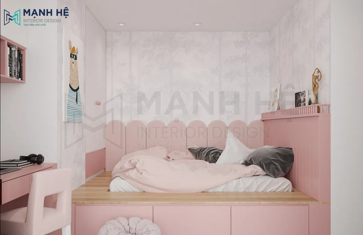 Phòng ngủ cho bé gái với tone hồng chủ đạo cực đáng yêu và bố trí phần giường tích hợp ngăn kéo giúp làm tăng diện tích lưu trữ