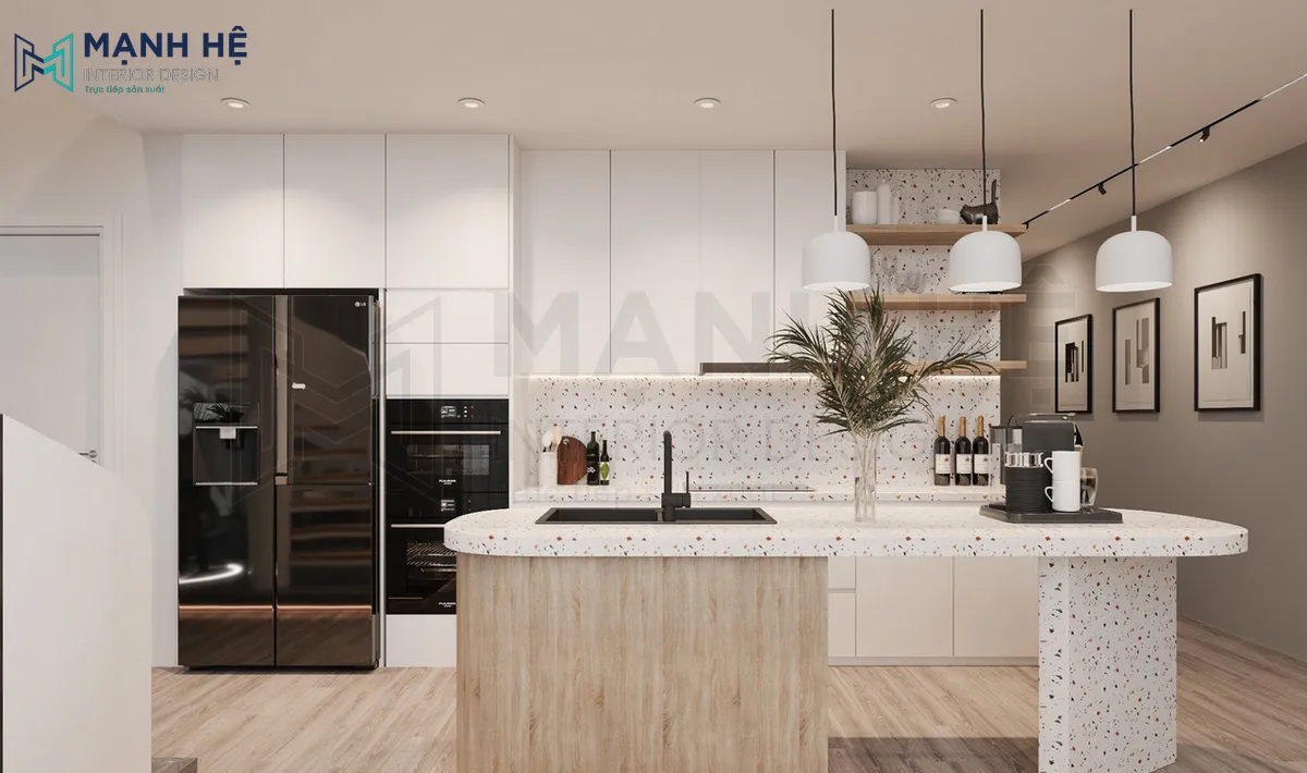 Phòng bếp của căn hộ toát lên sự trang nhã cùng điểm nhấn chiếc đèn thả ngay bàn đảo bếp cực ấn tượng và hệ tủ bếp thiết kế theo dạng chữ I giúp tận dụng tối đa không gian