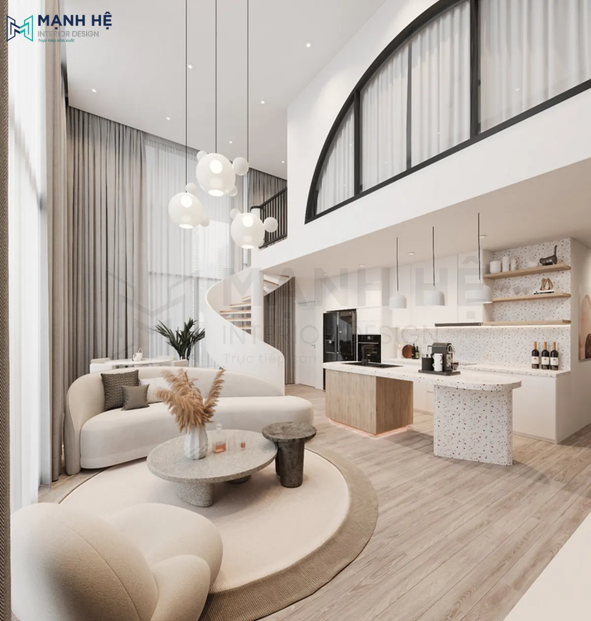 Mẫu căn hộ duplex mini 110m2, 2 phòng ngủ được thiết kế theo phong cách Japandi kết hợp Minimalism đầy tinh tế với hai gam màu trắng và nâu gỗ chủ đạo