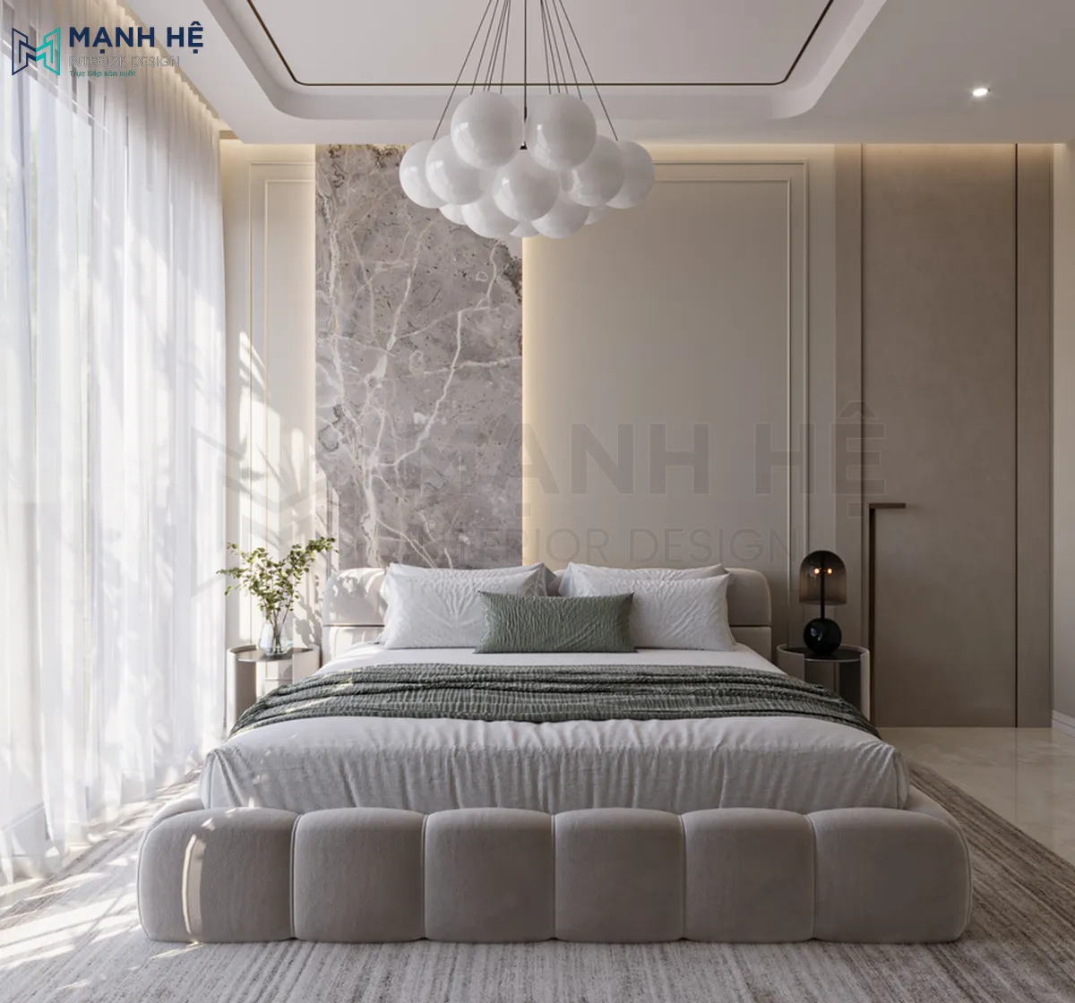 Không gian phòng ngủ căn hộ duplex mang vẻ đẹp nhẹ nhàng với chiếc đèn thả hình tròn làm điểm nhấn cùng phần trần được thiết kế dạng giật cấp nhẹ giúp không gian được rộng mở hơn