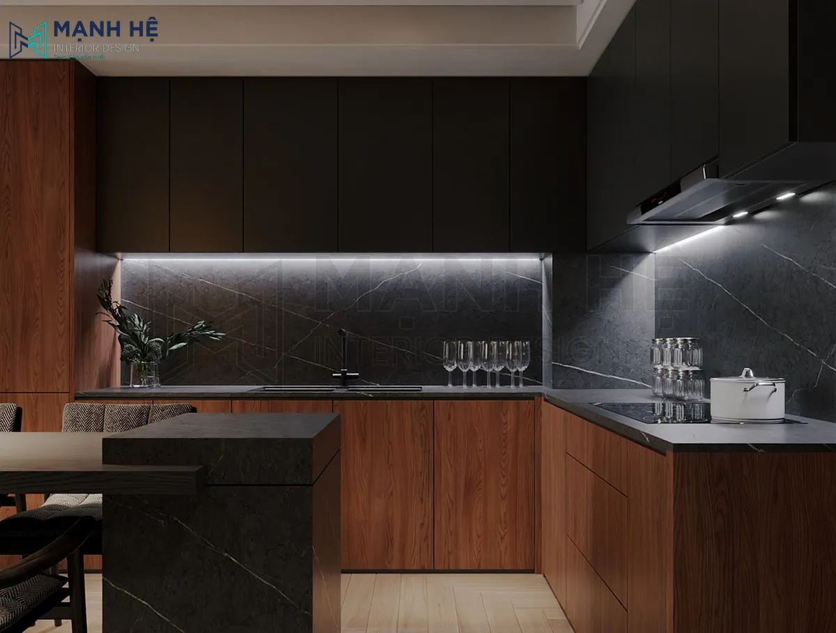 Phòng bếp được thiết kế dạng chữ L vô cùng đẹp mắt với phần vách được ốp đá marble giúp gia chủ dễ dàng vệ sinh cho gian bếp