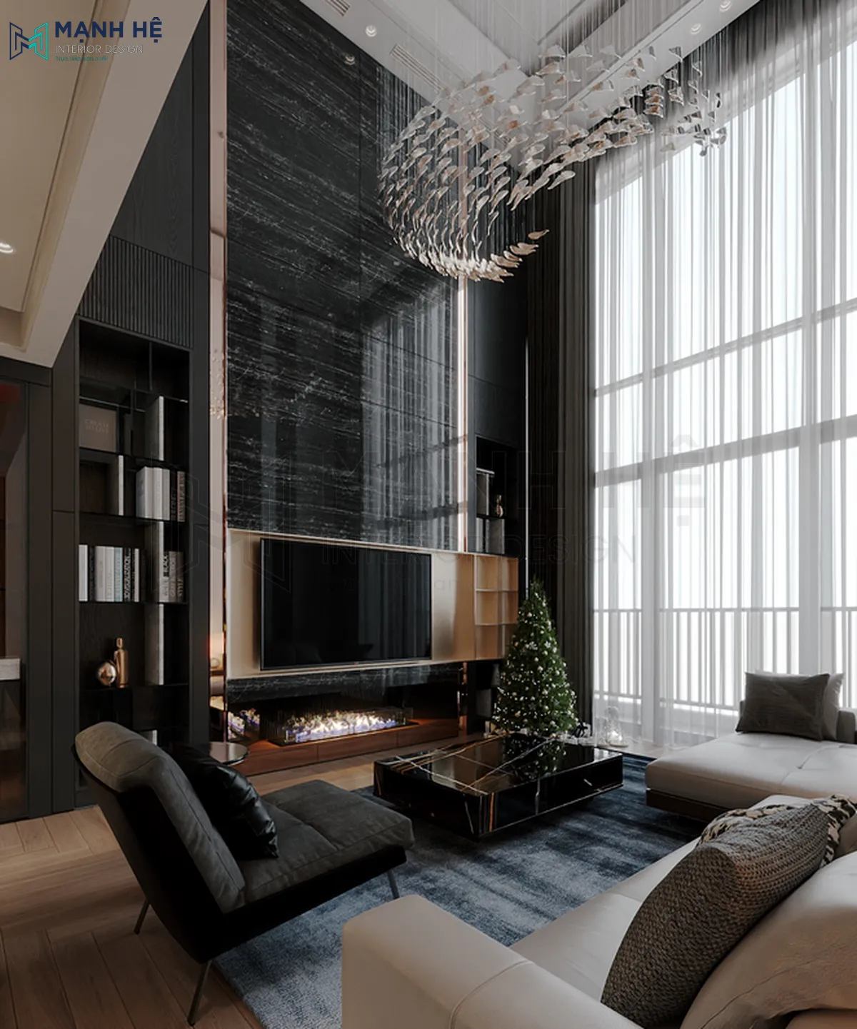 Không gian phòng khách căn hộ duplex với gam màu tối mang đến vẻ đẹp huyền bí, sang trọng và được bố trí thêm hệ rèm hai lớp giúp gia chủ dễ dàng điều chỉnh ánh sáng