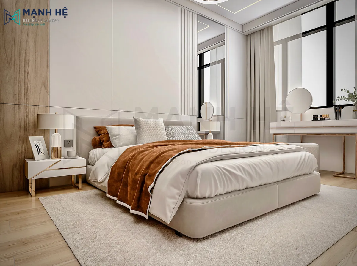 Phòng ngủ căn hộ vô cùng thanh lịch, tinh tế với gam trắng chủ đạo